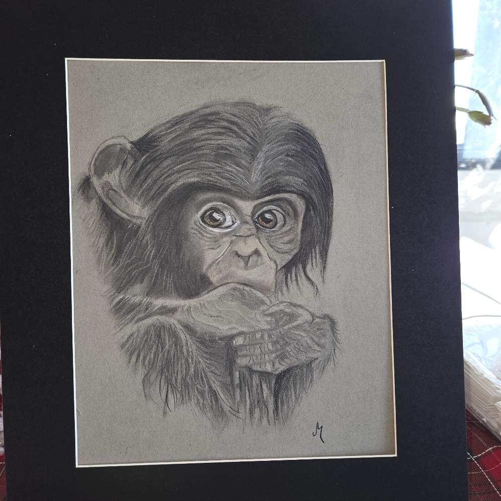 Charming Original Baby Monkey Sketch In Black Mat 11 X14 Ready To Frame